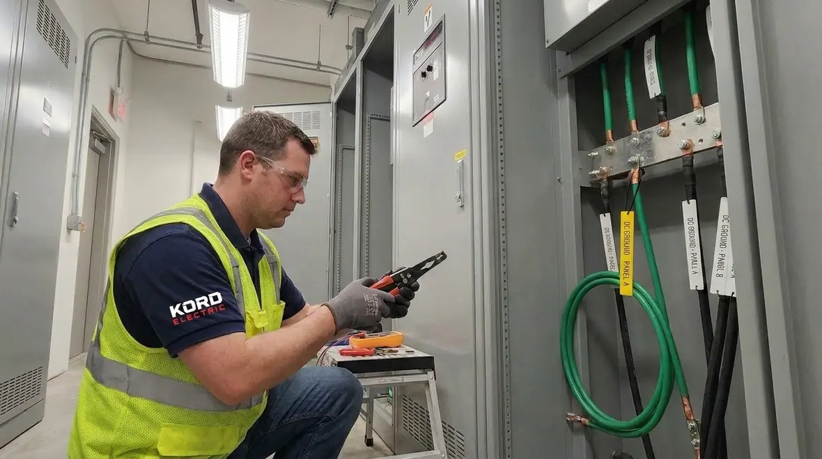 Labeled DC grounding conductors and terminations inside an industrial control cabinet