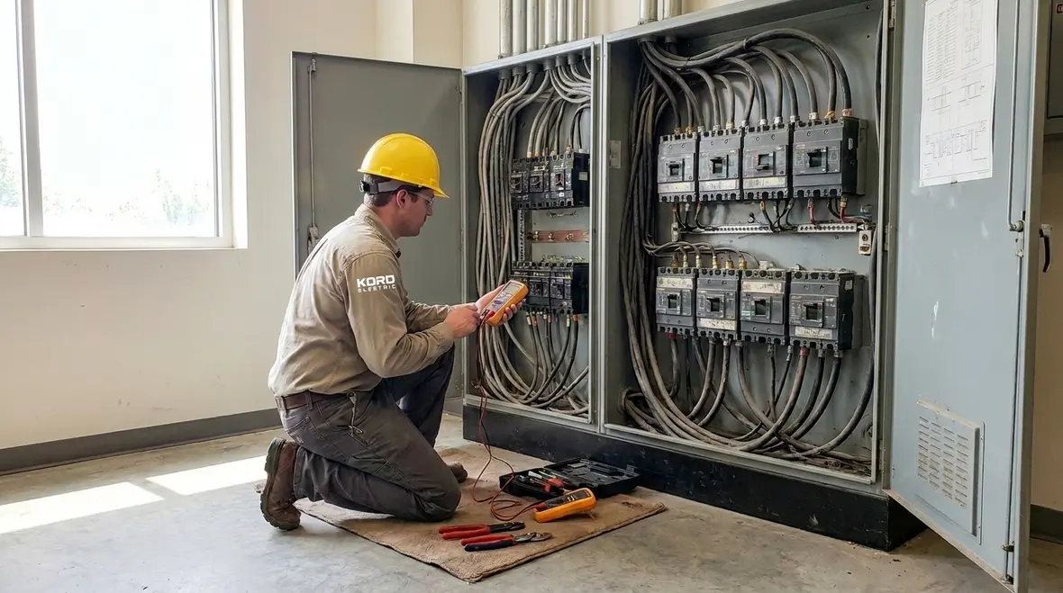 Technician reviewing NEC DC ground fault detection design on a commercial DC system