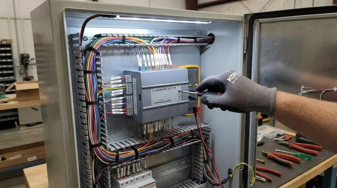 Technician configuring NEC DC ground fault detection equipment settings