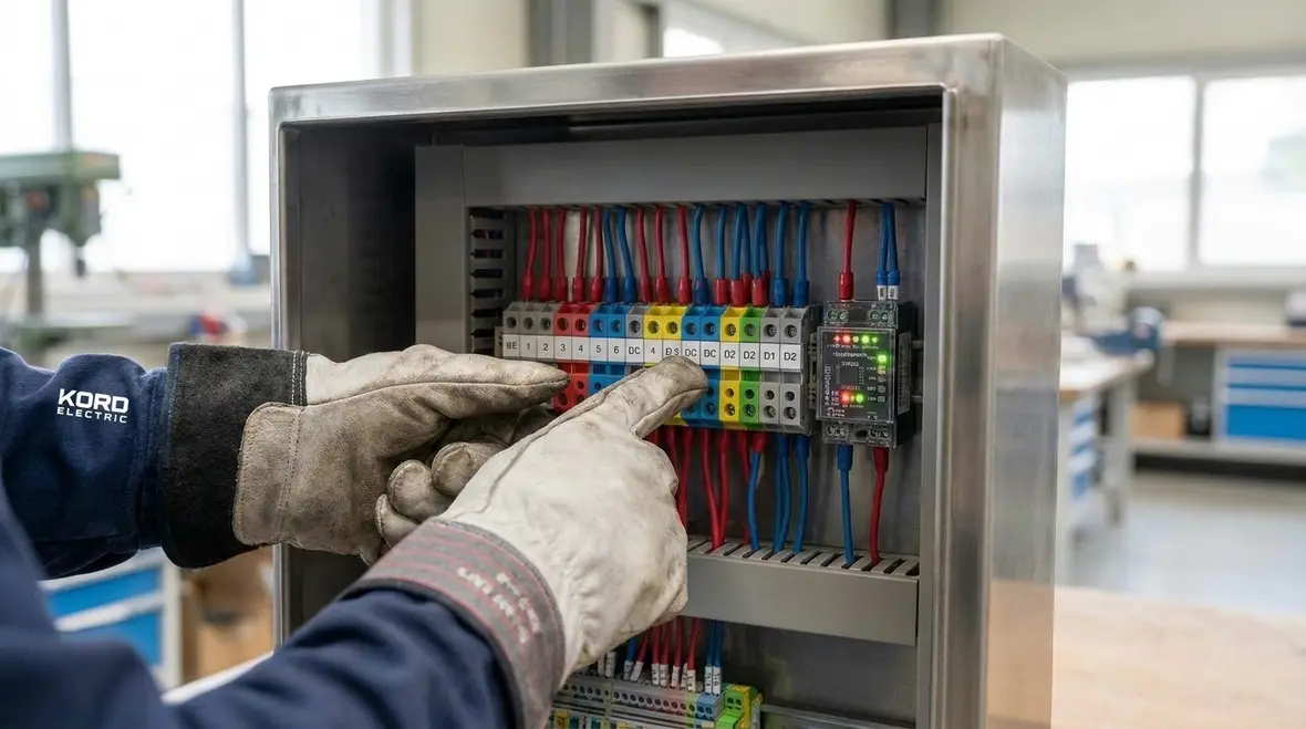 Control panel with labeled ungrounded DC circuits in an industrial facility