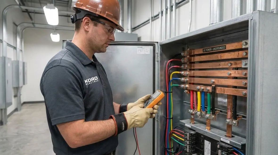 Technician reviewing NEC ungrounded DC system installation in a commercial facility