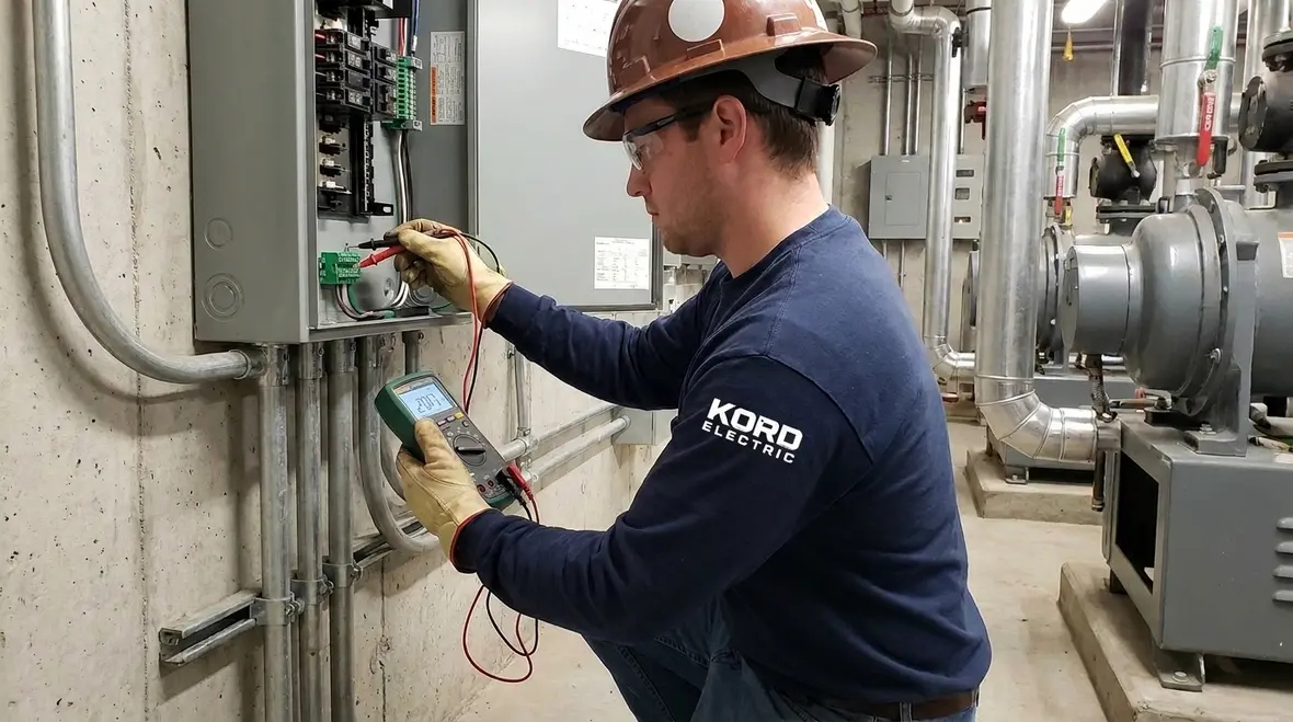 Technician verifying grounding terminal identification on commercial wiring device