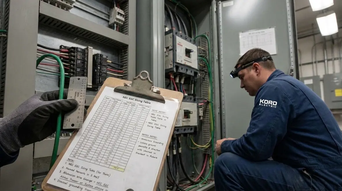 Electrician verifying NEC EGC sizing table selections in a commercial panel