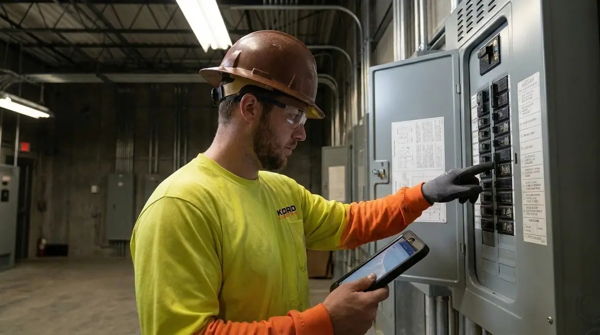 Technician reviewing NEC load management strategy on a commercial electrical panel