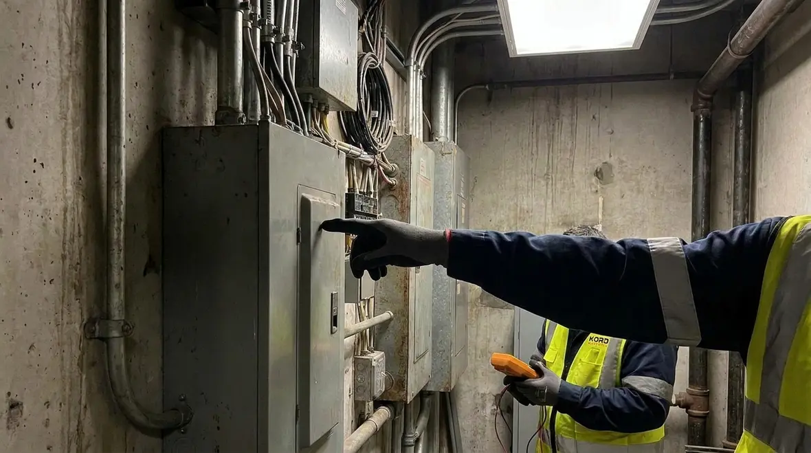 Technician reviewing NEC EMS marking on commercial electrical equipment