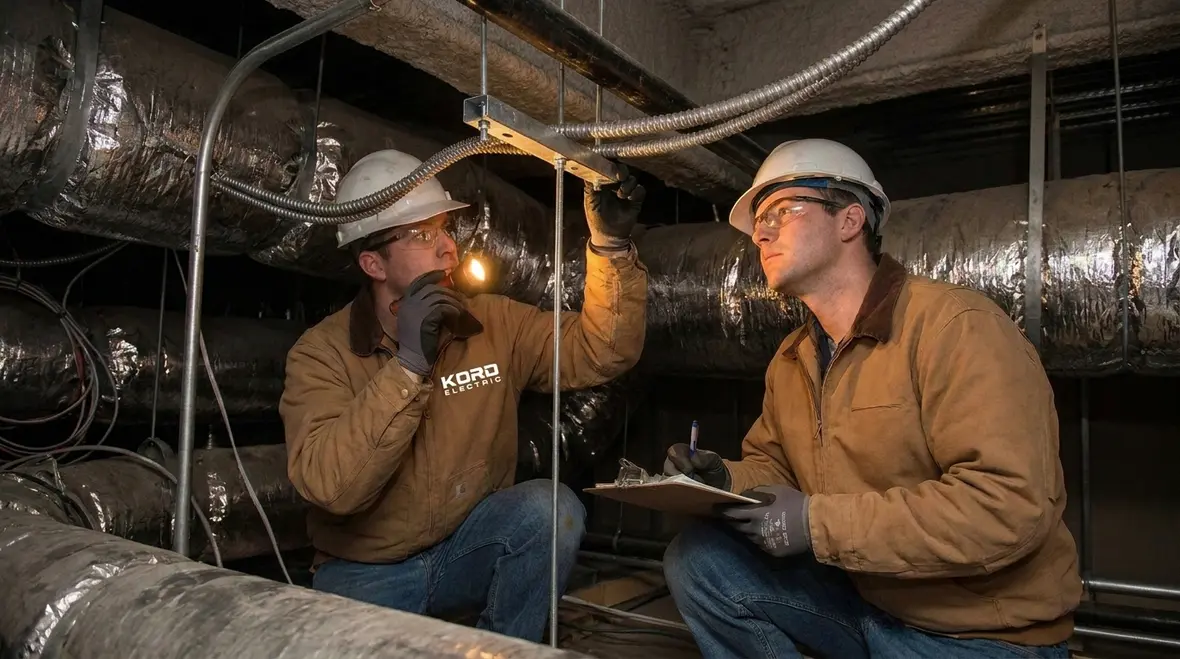 Inspector and electrician reviewing flexible metal conduit routing in a plenum above a commercial corridor