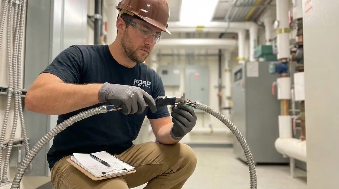 Technician reviewing NEC FMC flexible metal conduit fill limits for NFPA 70 305.27