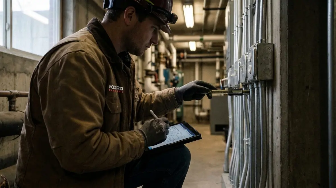 Field technician verifying NEC FMC conduit size, bends, and conductor list on site