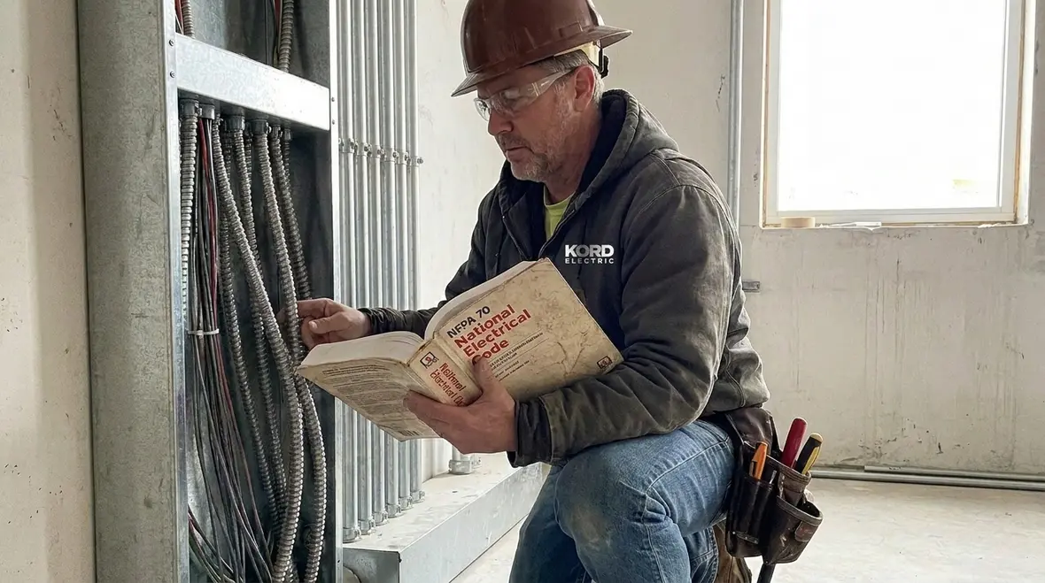 Technician reviewing NEC flexible conduit damage protection layout in a commercial facility