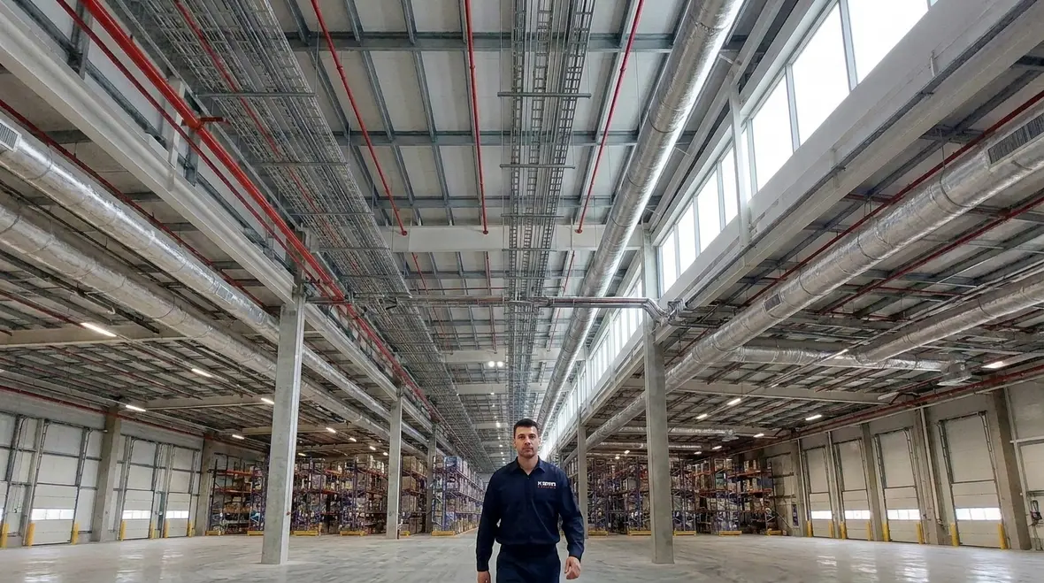 Technician inspecting flexible metal conduit routing for NEC FMC fire spread requirements