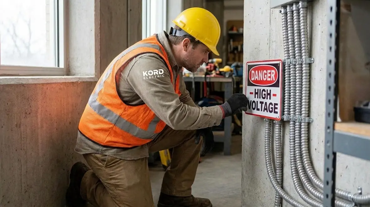Technician reviewing NEC FMC danger signs near flexible metal conduit