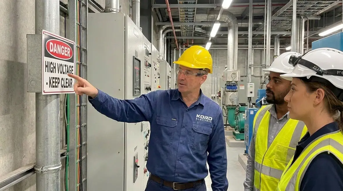 Visible NEC FMC danger signage placed at eye level for approaching workers
