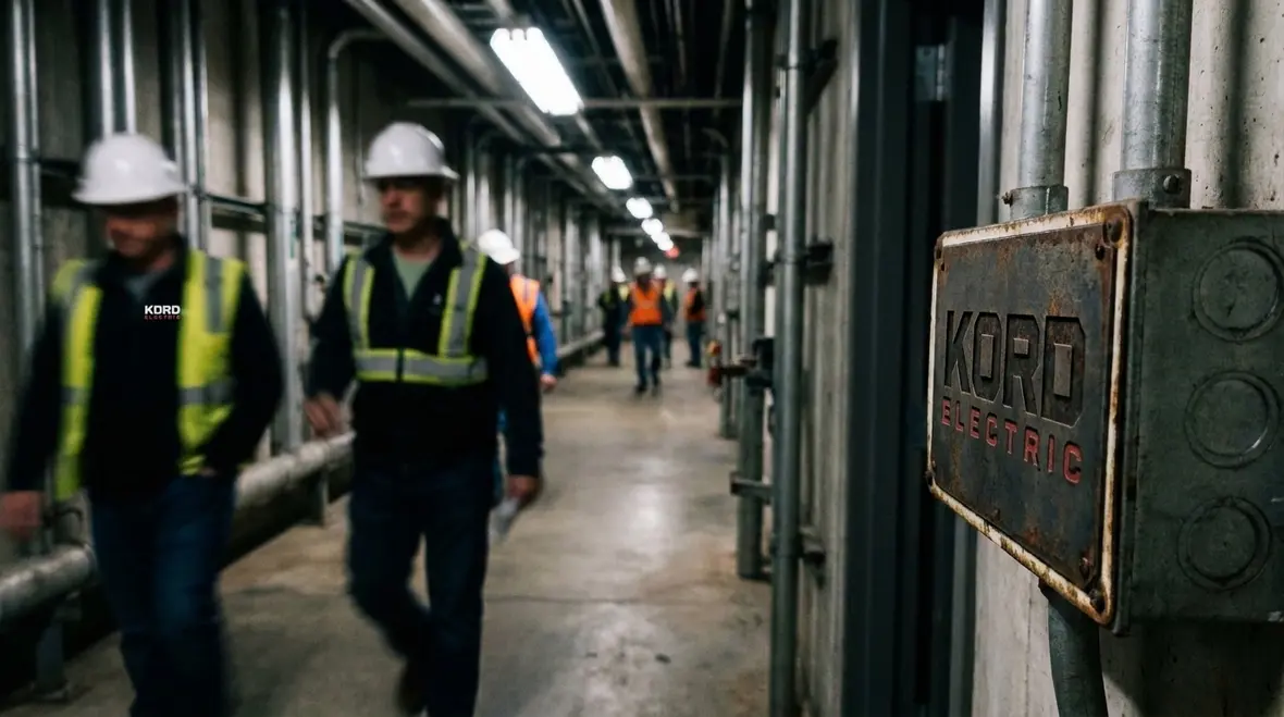 Clear NEC FMC danger sign visible in a busy commercial electrical room