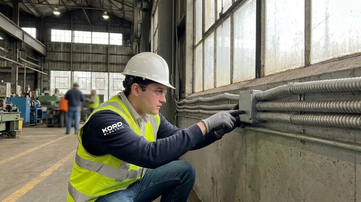 Electrician verifying FMC conductor continuity in a commercial electrical room