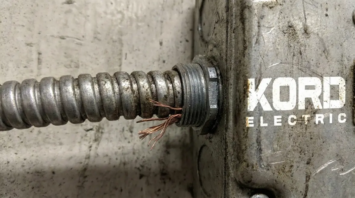 Technician performing continuity testing on flexible metal conduit run