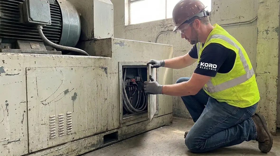 Technician using an NEC FMC access panel for inspection and maintenance