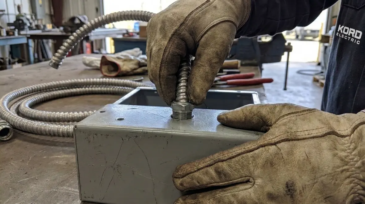 Flexible metal conduit installation at an access panel for NFPA 70 305.33 compliance