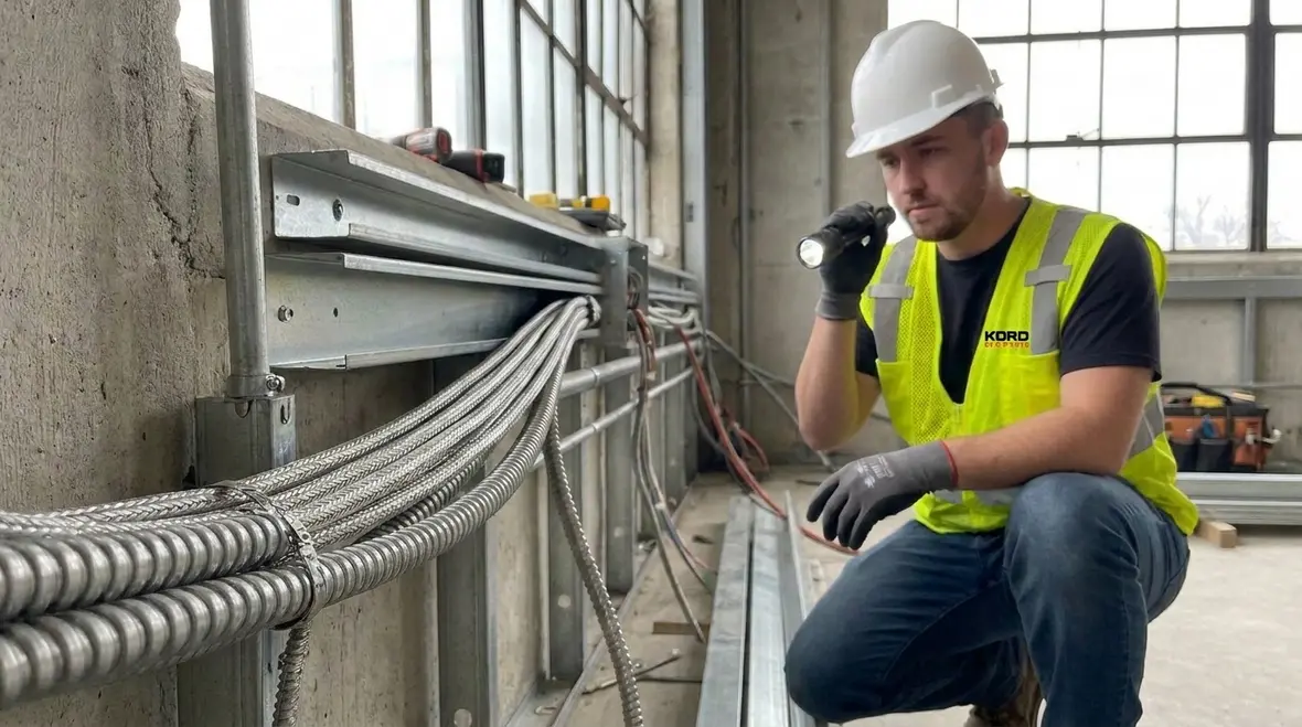 Commissioning team verifying NEC compliant flexible metal conduit installation