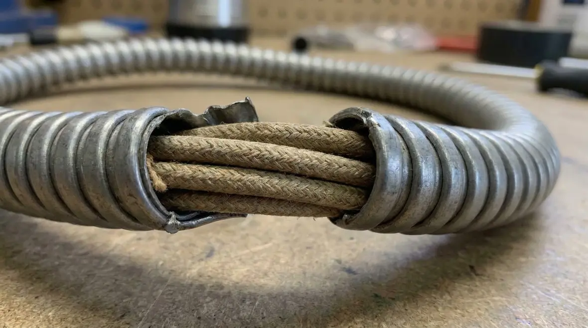Flexible metal conduit installation with braid covered conductors in a commercial stair tower