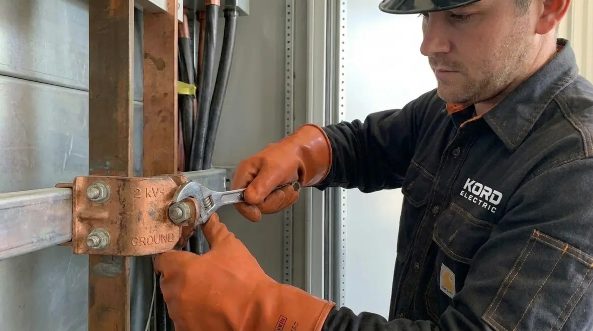 Close up of grounded conductor terminations for NEC electrode connections in an industrial facility