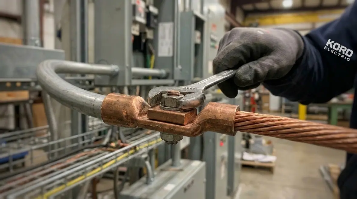 Technician inspecting NEC electrode connection methods above 2 kV in a commercial electrical room