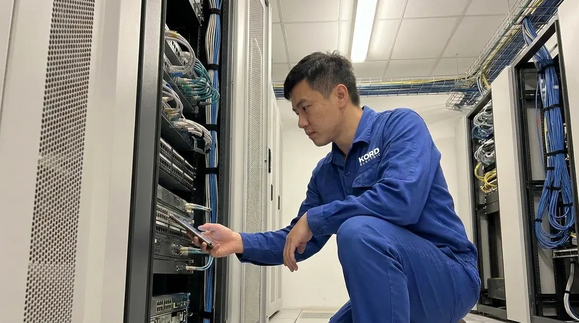 Technician reviewing NEC AC GEC sizing for commercial service equipment