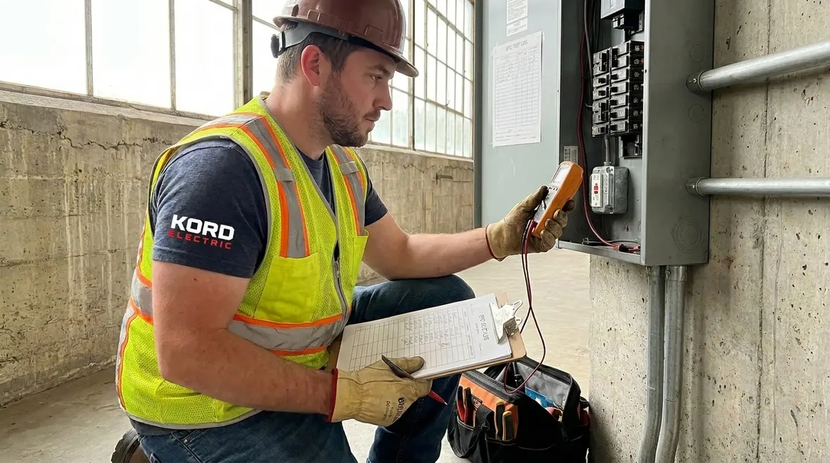 Technician reviewing NEC GFCI protection personnel requirements in an electrical room