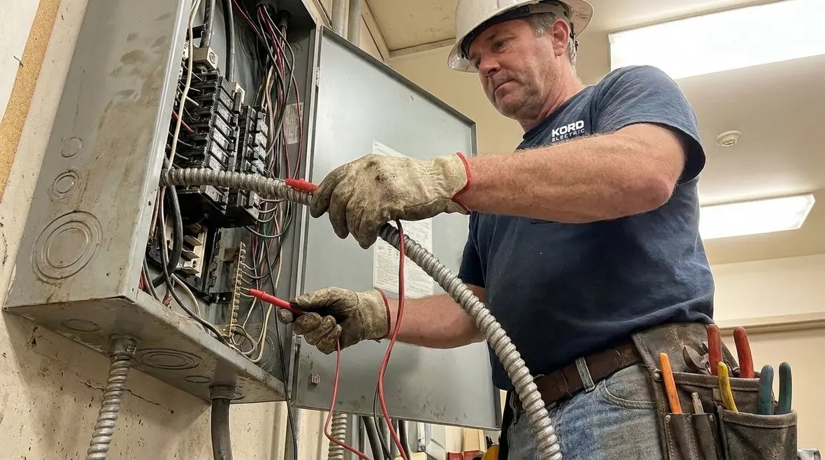 Technician inspecting MC cable armor, conductors, and grounding paths