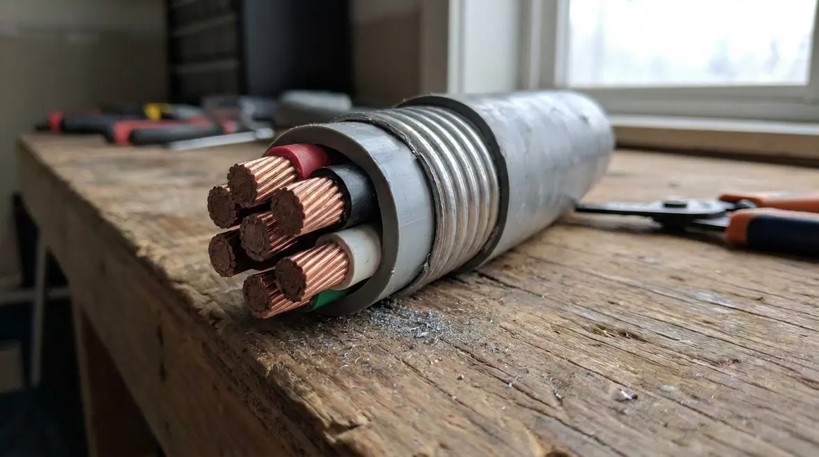 Technician reviewing NEC MC cable construction in a commercial electrical room