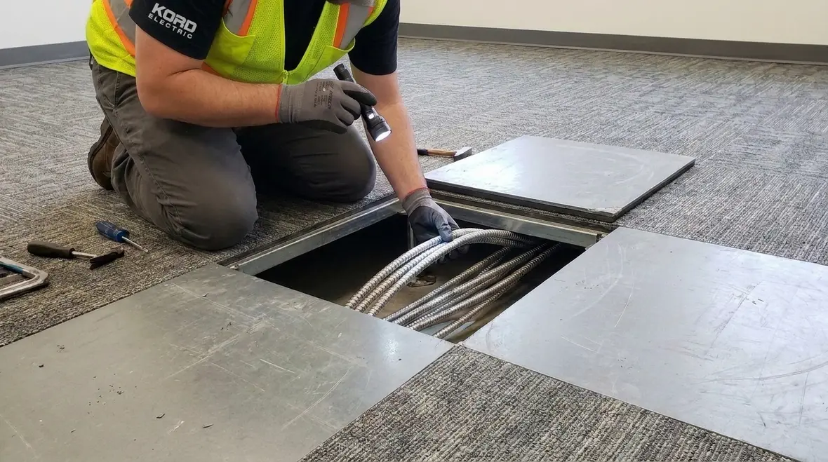 Technician reviewing NEC MC cable marking on metal clad cable run