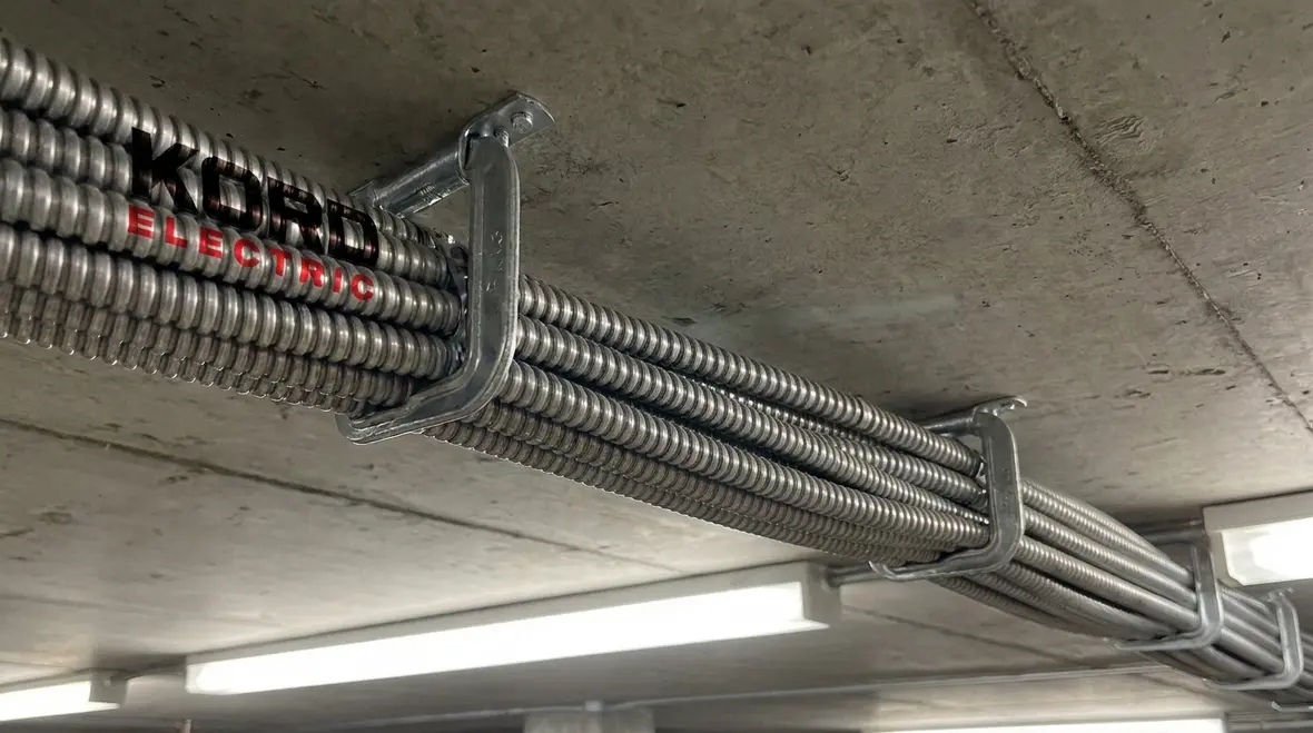 Properly supported MC cable run in a commercial electrical room