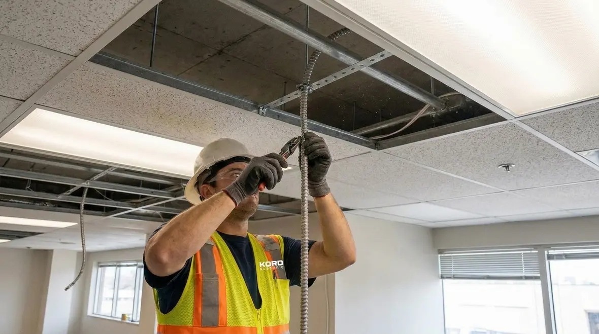 Technician inspecting NEC MC cable securing and supporting for NFPA 70 322.30 compliance