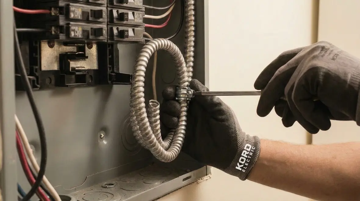 MC cable transitioning between tray, conduit, and equipment with coordinated support