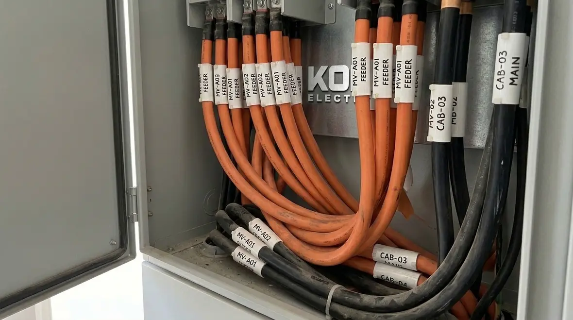 Technician reviewing NEC MV cable marking on medium voltage cables
