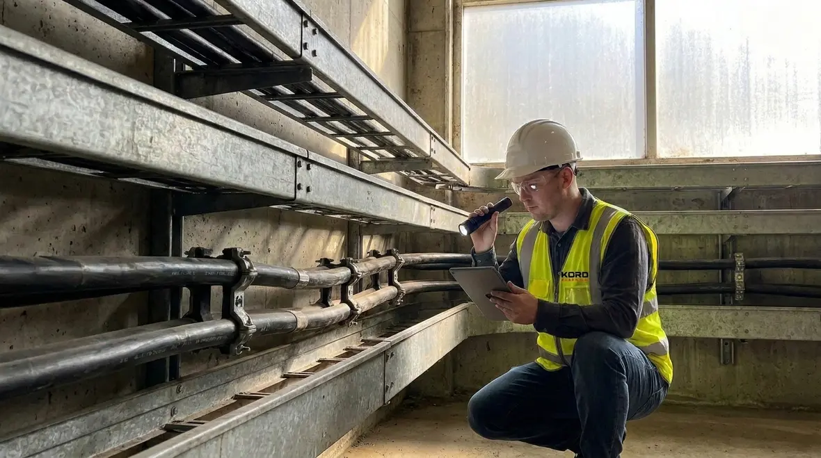 Technician reviewing NEC MV cable support installation in an electrical room