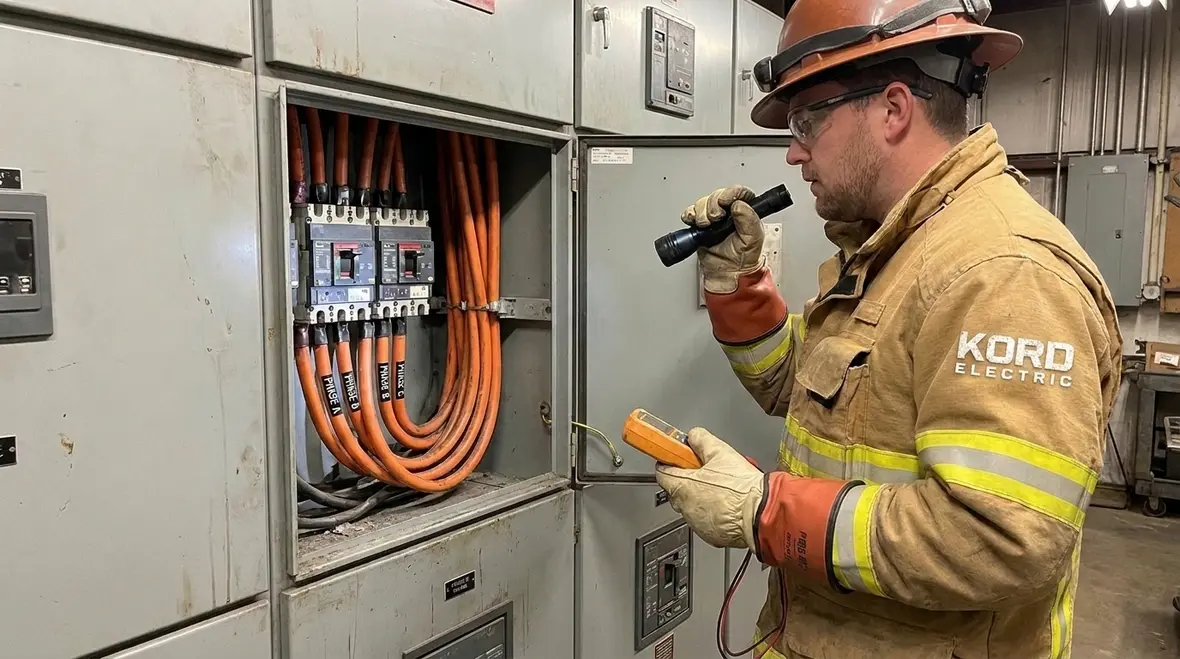 Technician reviewing NEC MV conductor identification labels in a medium voltage cabinet