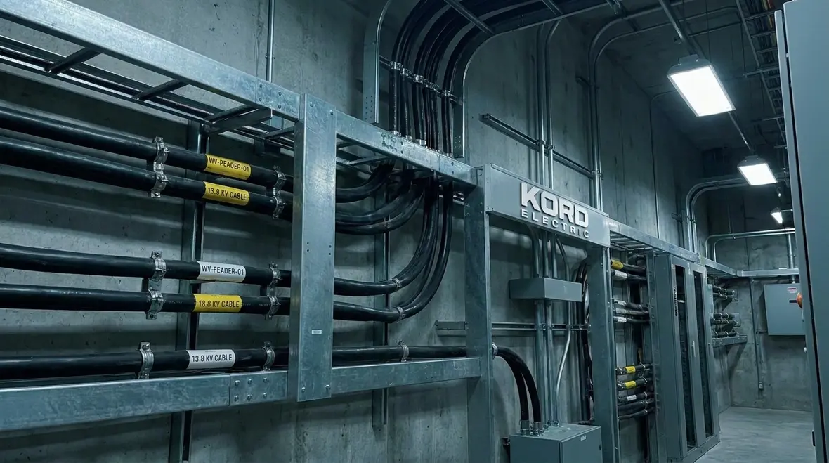 Technician inspecting insulation and routing of medium voltage conductors