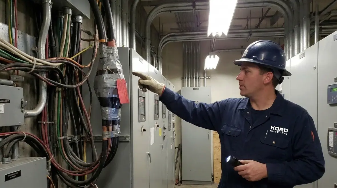 Technician checking NEC MV joint shielding details on a commercial project