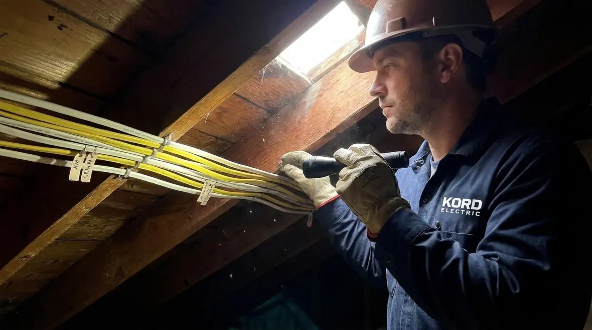 Electrician inspecting NEC NM cable in an accessible commercial attic