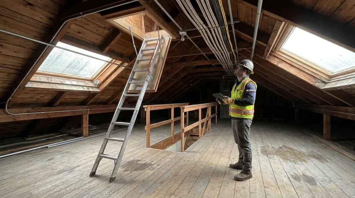 Service team evaluating accessible attic pathways for NEC NM cable