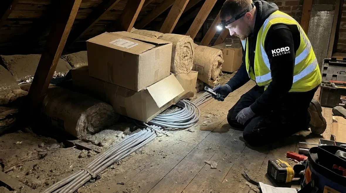 Technician correcting common NEC NM cable mistakes in an accessible attic