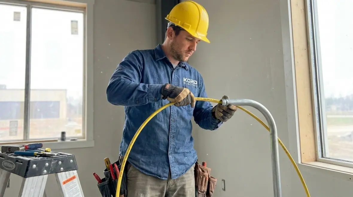 Technician checking NEC NM cable bending radius on site