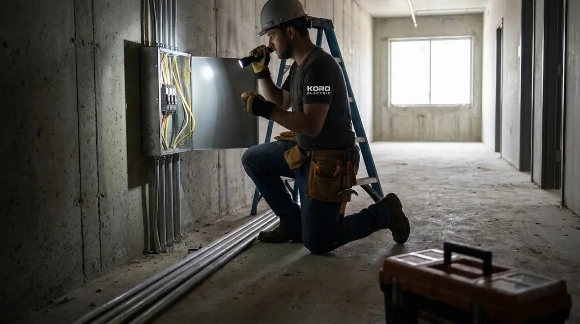 Technician inspecting NEC NM cable boxes fittings at a commercial electrical box
