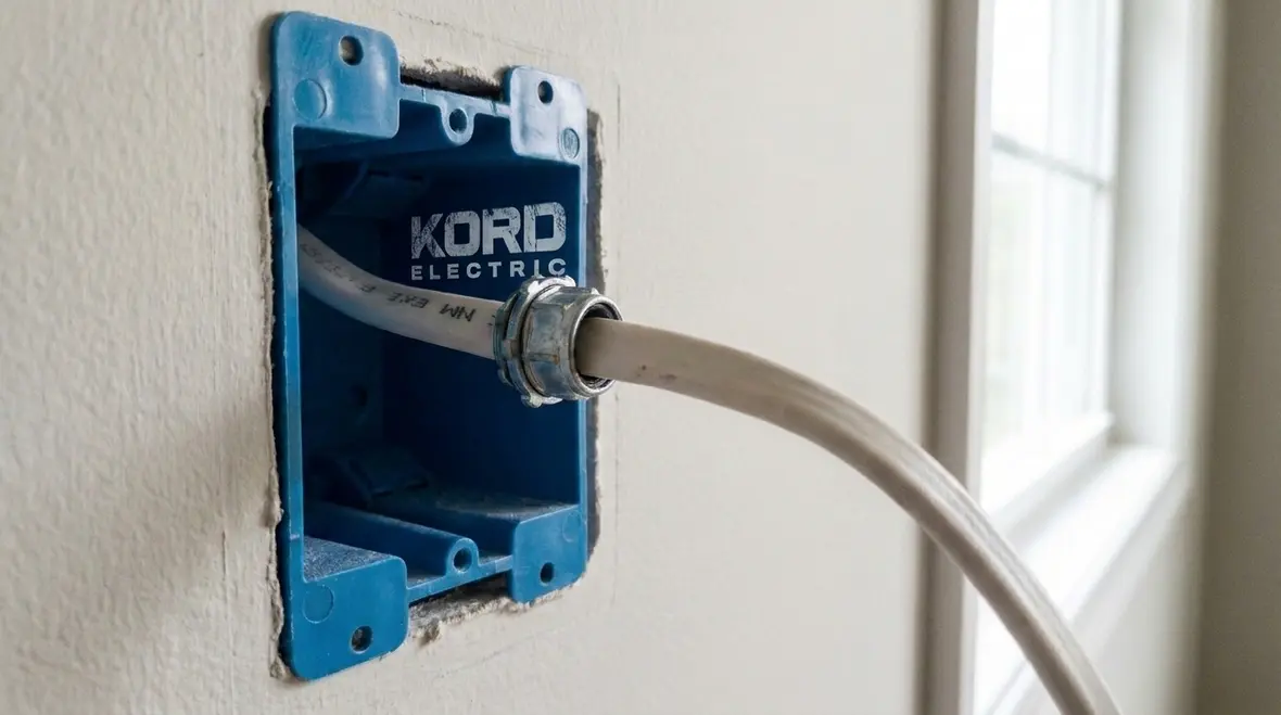 Close-up of NM cable entering an electrical box with code-compliant fittings