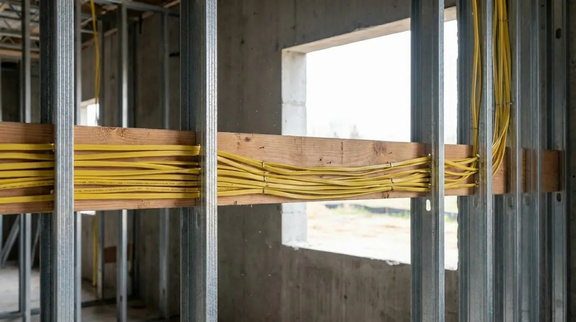 Close-up of NM cable protected through framing cavities
