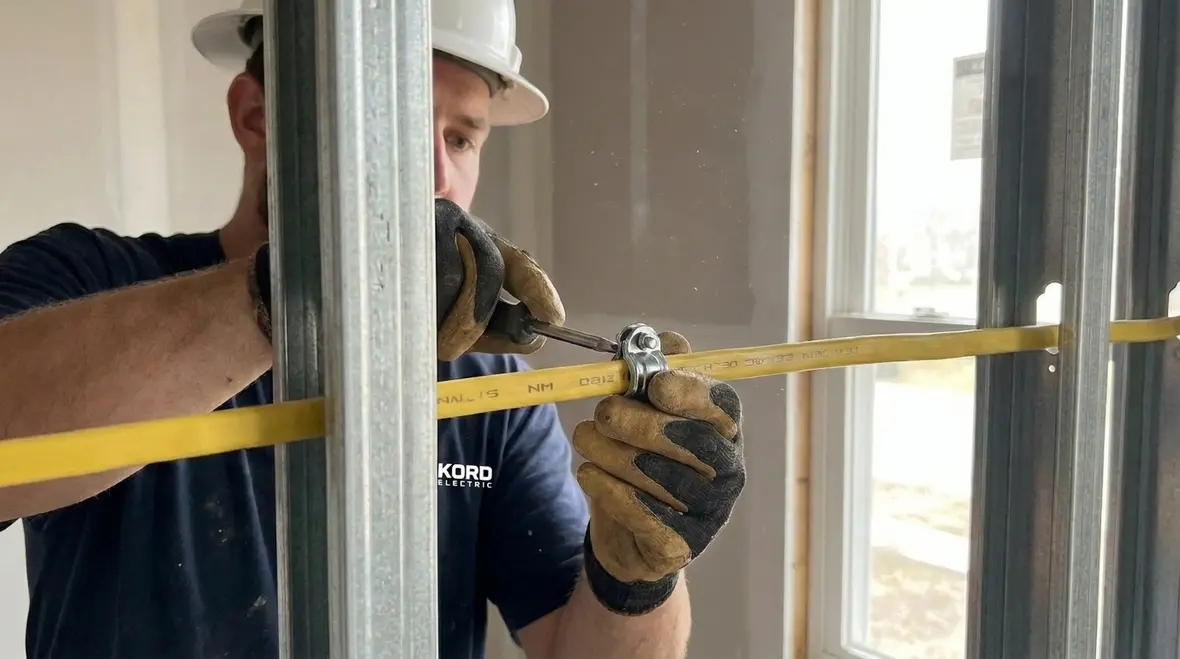 Electrician installing NEC NM cable through wood framing members