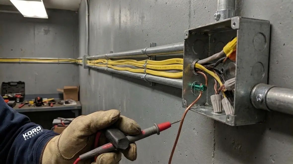 Technician inspecting NEC NM cable grounding conductor installation in a commercial electrical room