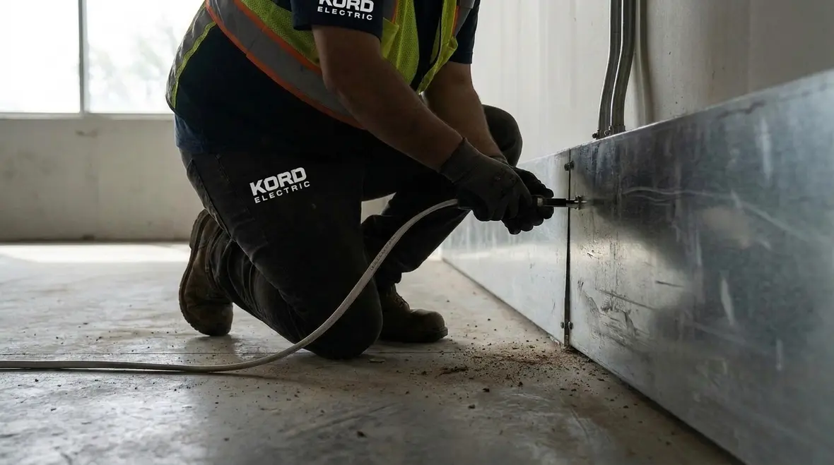 Technician reviewing NEC NM cable uses permitted on commercial project drawings