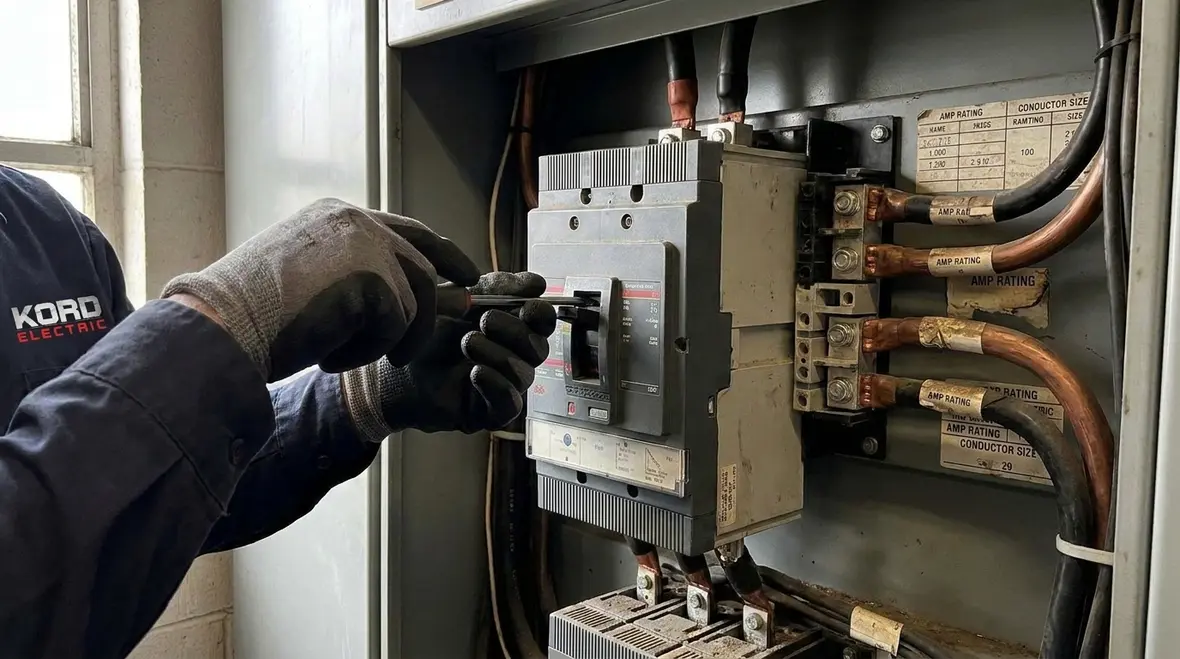Technician reviewing NFPA 70 Section 240.91 application on commercial switchgear