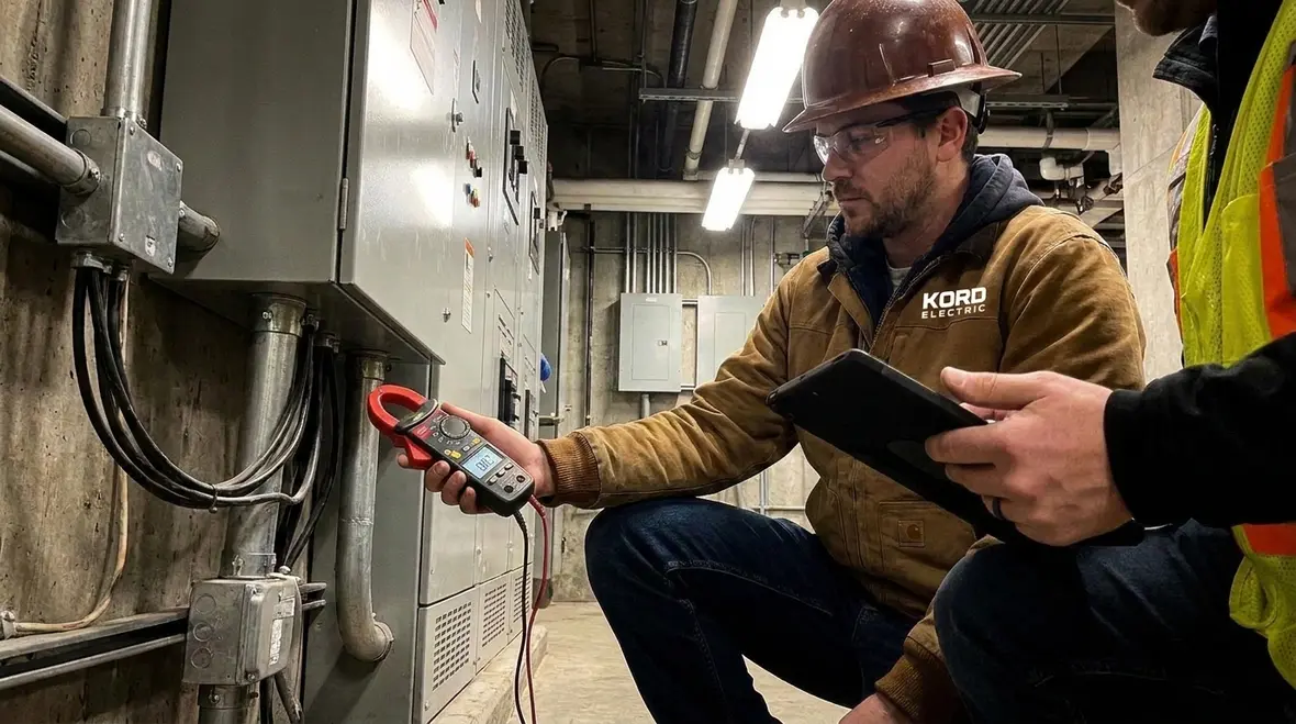 Technician inspecting NEC SE grounding conductor installation in commercial electrical room